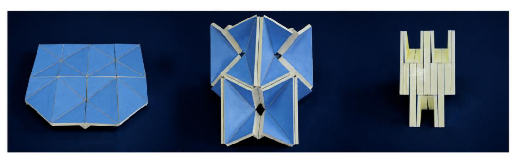 Thick-panel origami assembly in three configurations