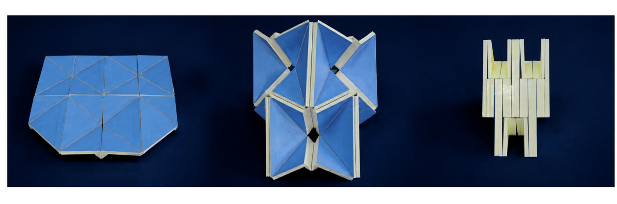 One blue thick-panel waterbomb design in three folding states