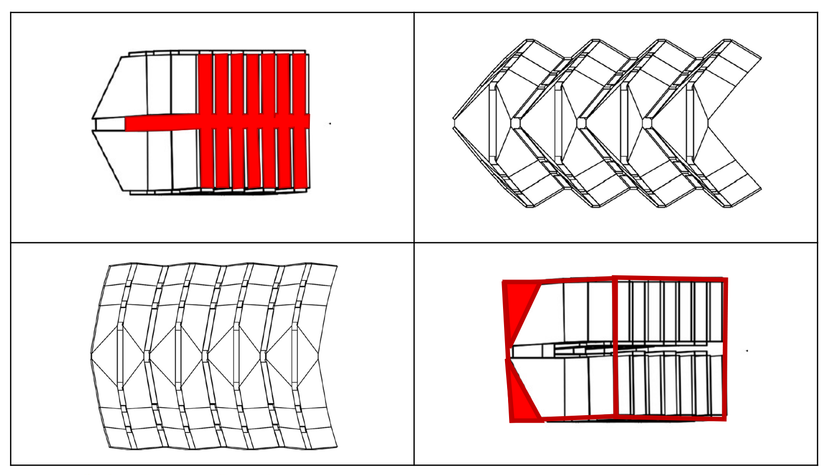 Waterbomb and eggbox mechanism in stowed, deploying and deployed states, with bounding-volume annotations