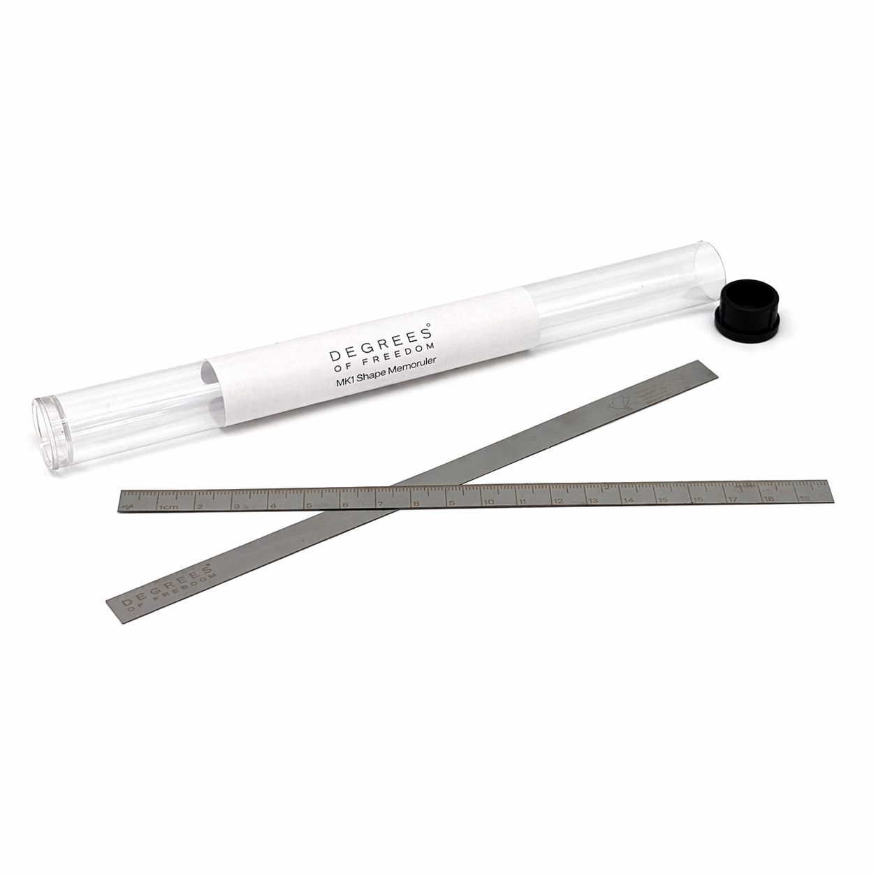 Two metal rulers with a transparent cylindrical container labeled 'Degrees of Freedom' on a white background.